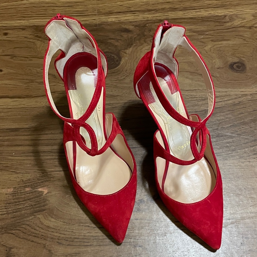 Christian Louboutin red suede strappy heels, 37 (7), red sole, back zip